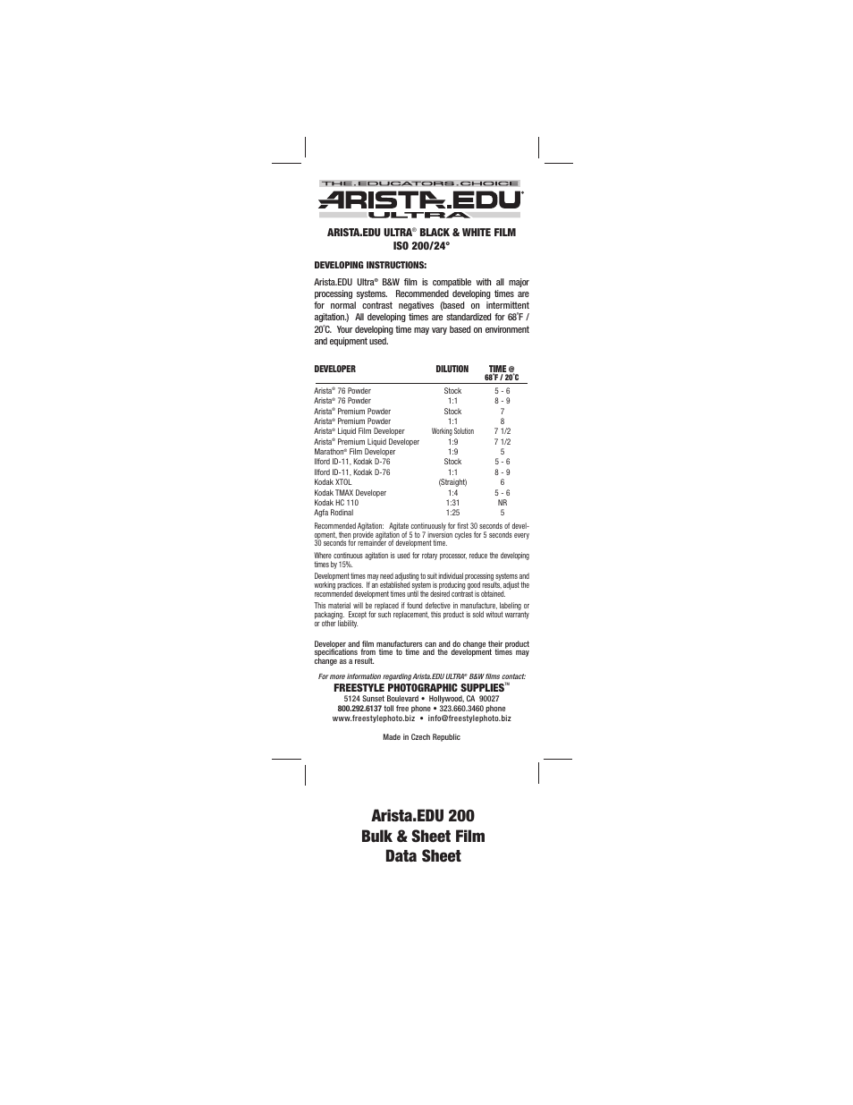 Arista EDU Ultra 200 Black and White Negative Film (120 Roll Film) User Manual | 1 page