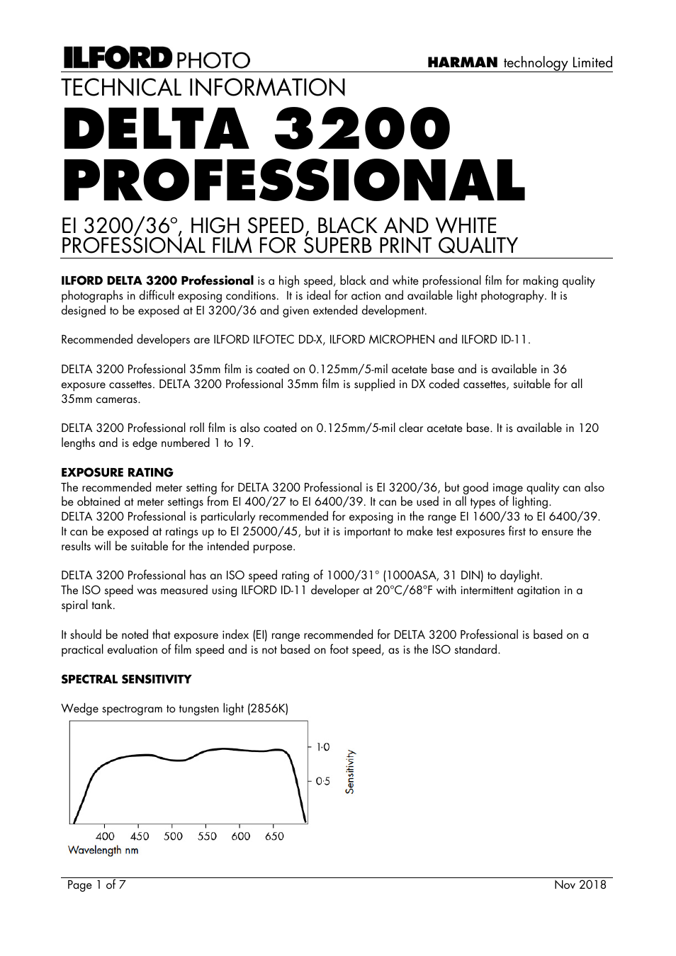 Ilford Delta 3200 Black and White Negative Film (120 Roll Film) User Manual | 7 pages