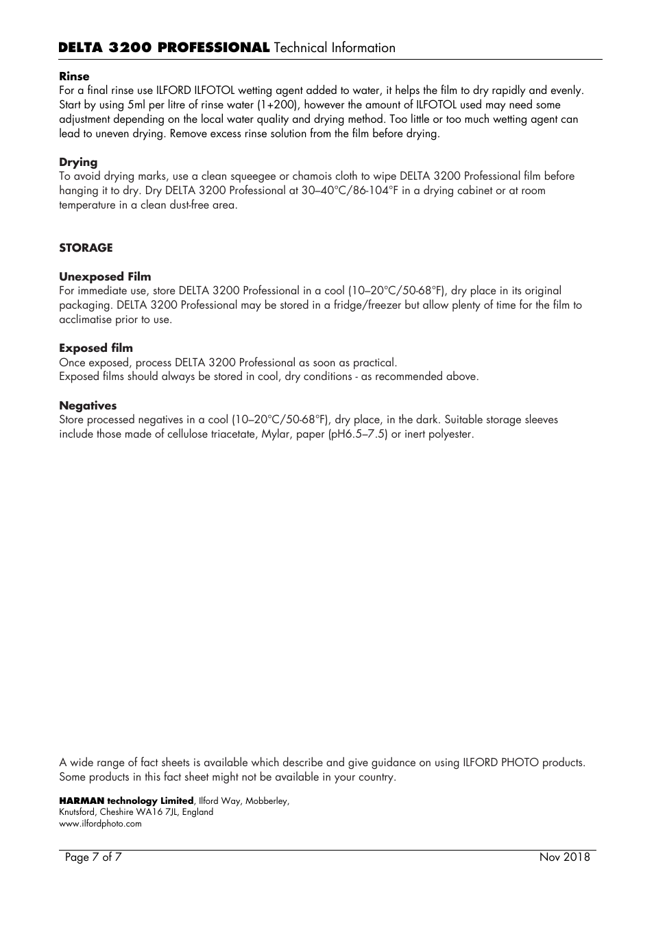 Ilford Delta 3200 Black and White Negative Film (120 Roll Film) User Manual | Page 7 / 7