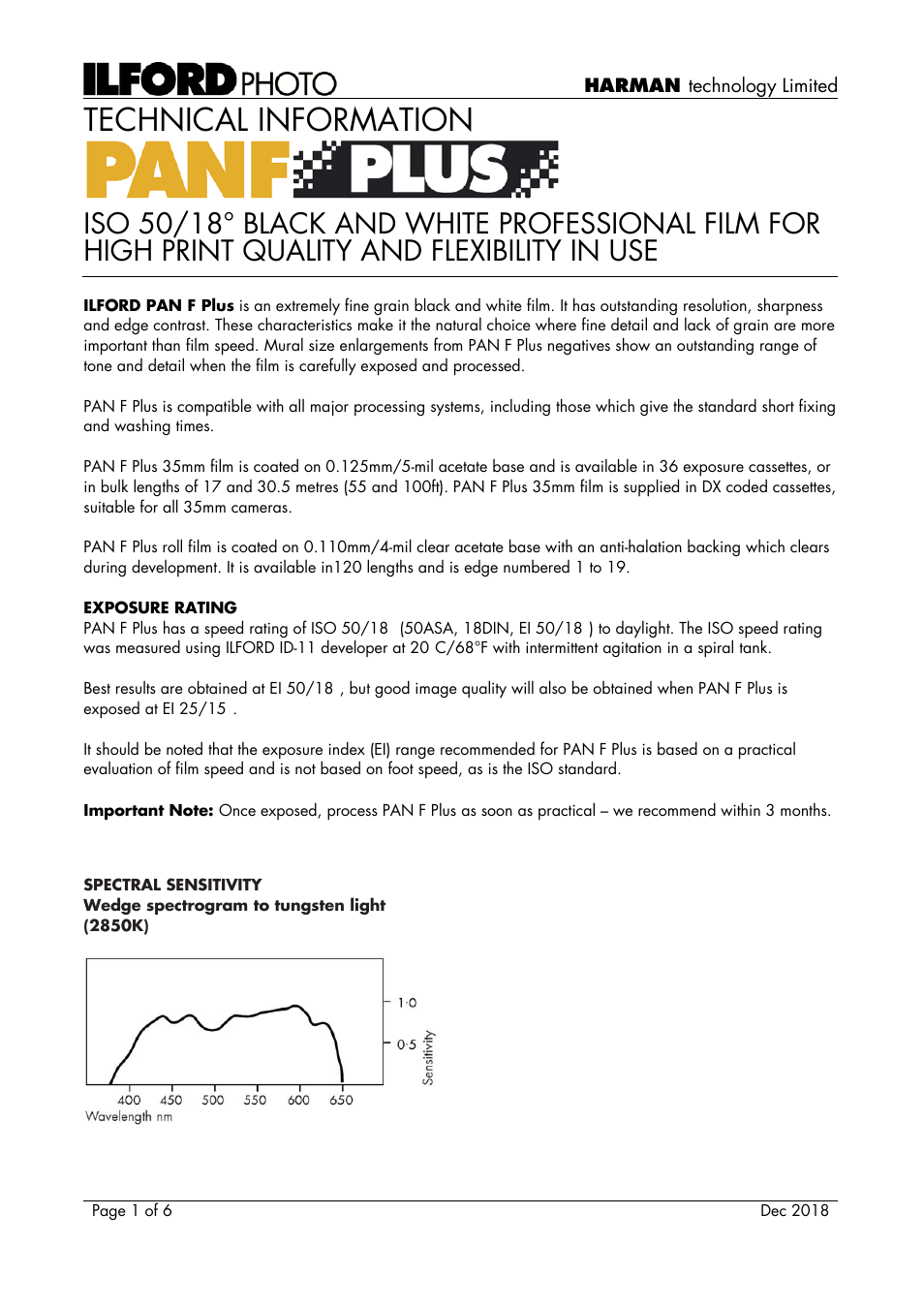 Ilford Pan F Plus Black and White Negative Film (120 Roll Film) User Manual | 6 pages
