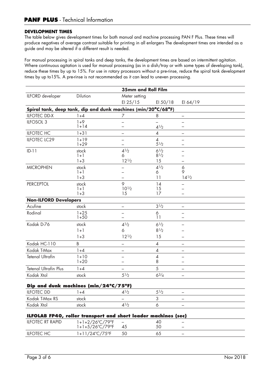Panf plus - technical information | Ilford Pan F Plus Black and White Negative Film (120 Roll Film) User Manual | Page 3 / 6