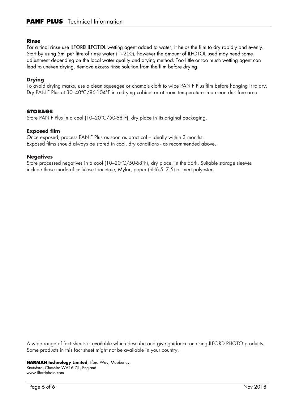 Ilford Pan F Plus Black and White Negative Film (120 Roll Film) User Manual | Page 6 / 6