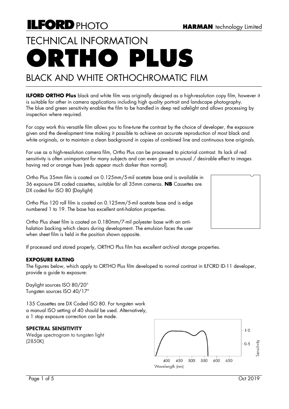 Ilford Ortho Plus Black and White Negative Film (120 Roll Film) User Manual | 5 pages