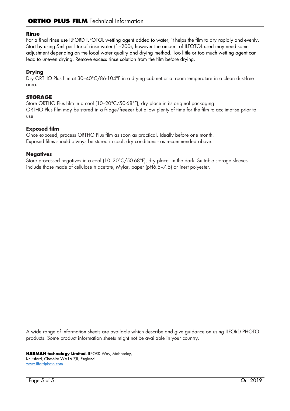 Ilford Ortho Plus Black and White Negative Film (120 Roll Film) User Manual | Page 5 / 5