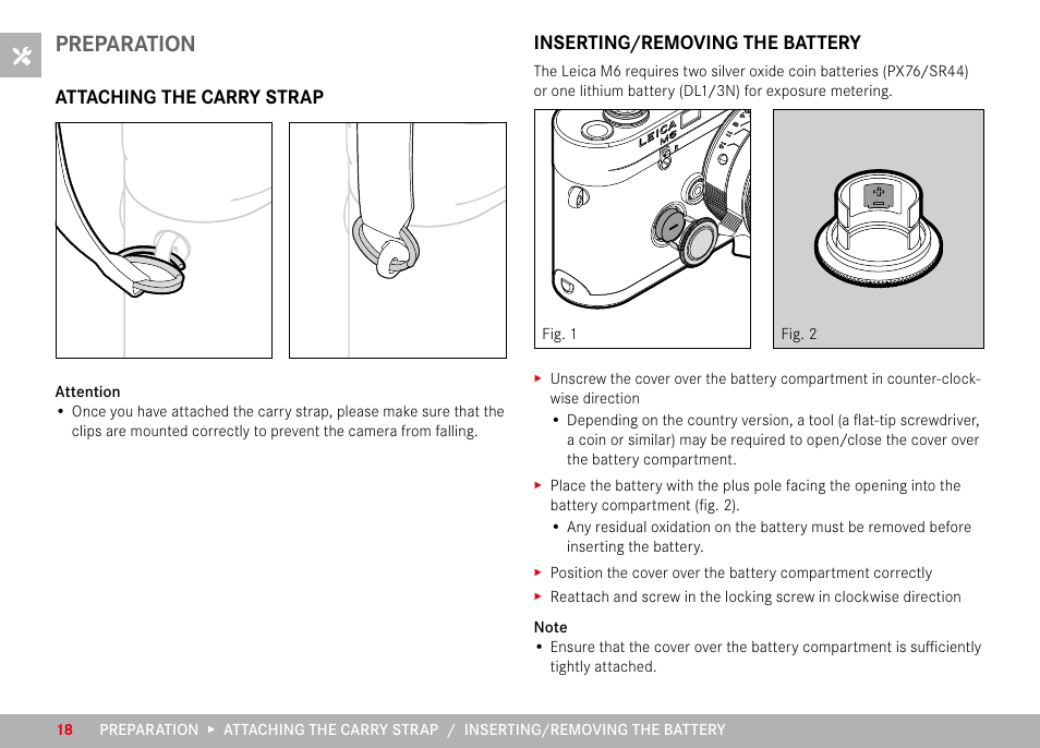 Preparation, Attaching the carry strap, Inserting/removing the battery | LEICA M6 Rangefinder Camera User Manual | Page 18 / 49