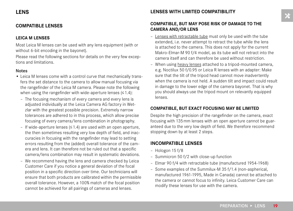 Lens, Compatible lenses, Lenses with limited compatibility | Incompatible lenses | LEICA M6 Rangefinder Camera User Manual | Page 19 / 49