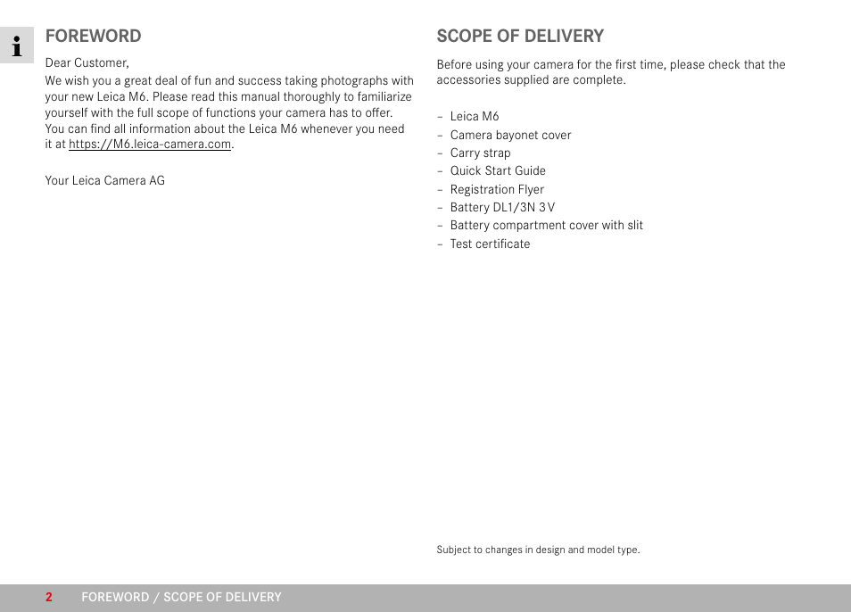 Foreword, Scope of delivery | LEICA M6 Rangefinder Camera User Manual | Page 2 / 49