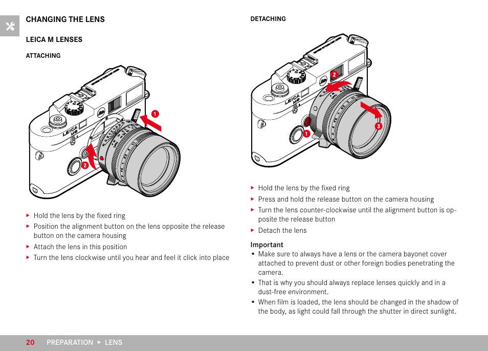 Changing the lens | LEICA M6 Rangefinder Camera User Manual | Page 20 / 49