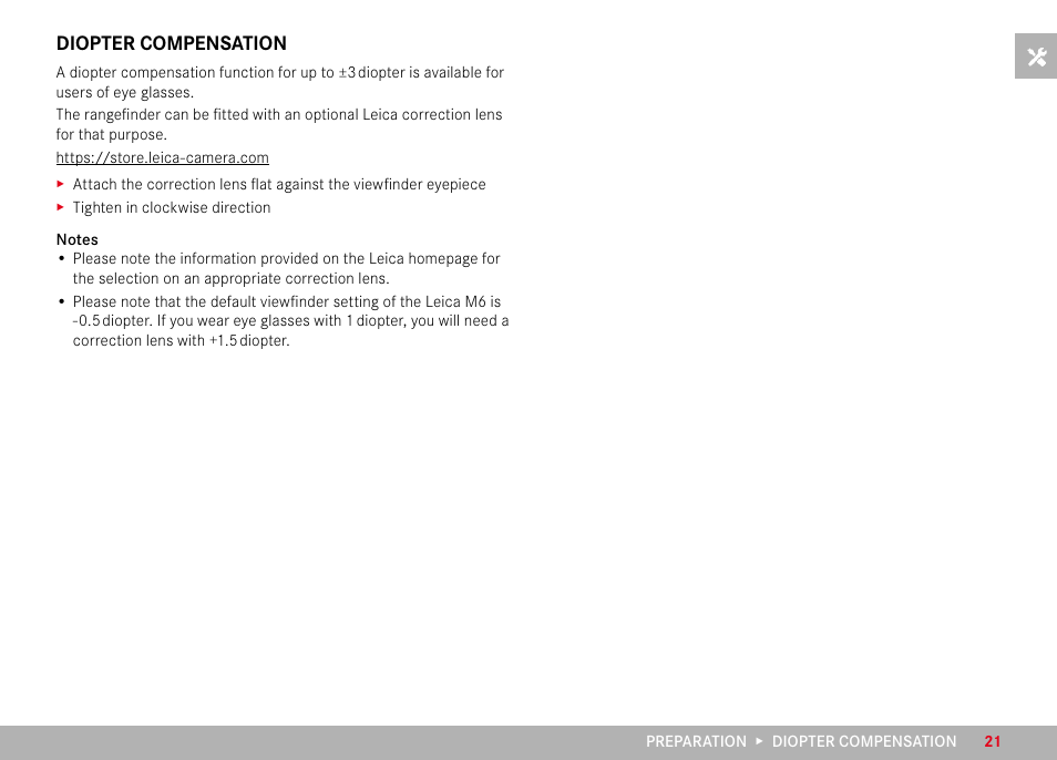 Diopter compensation | LEICA M6 Rangefinder Camera User Manual | Page 21 / 49