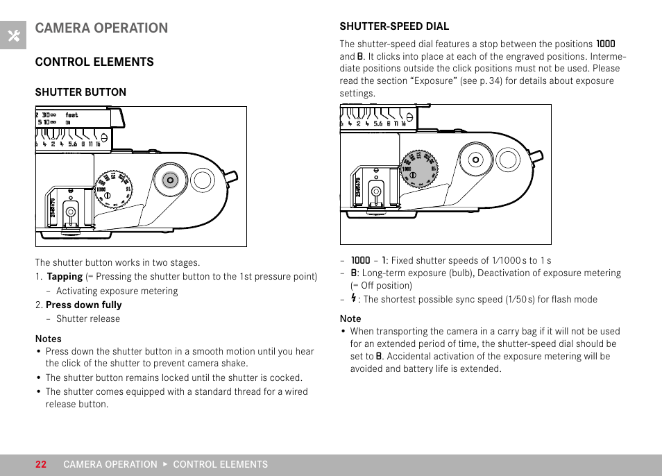 Camera operation, Control elements, Shutter button | Shutter-speed dial, Shutter button shutter-speed dial | LEICA M6 Rangefinder Camera User Manual | Page 22 / 49