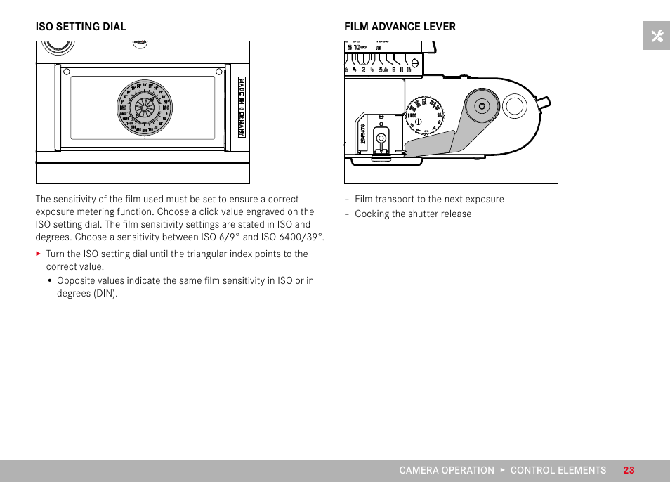 Iso setting dial, Film advance lever, Iso setting dial film advance lever | LEICA M6 Rangefinder Camera User Manual | Page 23 / 49