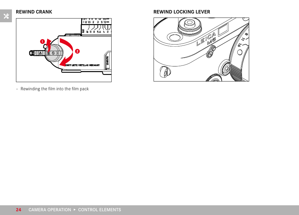 Rewind crank, Rewind locking lever | LEICA M6 Rangefinder Camera User Manual | Page 24 / 49