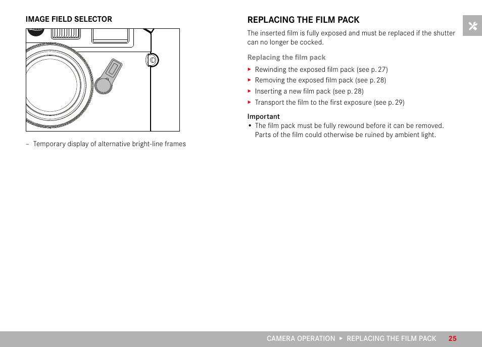 Image field selector, Replacing the film pack | LEICA M6 Rangefinder Camera User Manual | Page 25 / 49