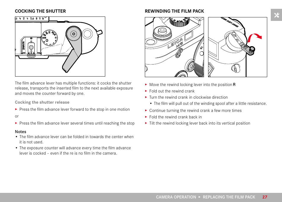 Cocking the shutter, Rewinding the film pack, Cocking the shutter rewinding the film pack | LEICA M6 Rangefinder Camera User Manual | Page 27 / 49