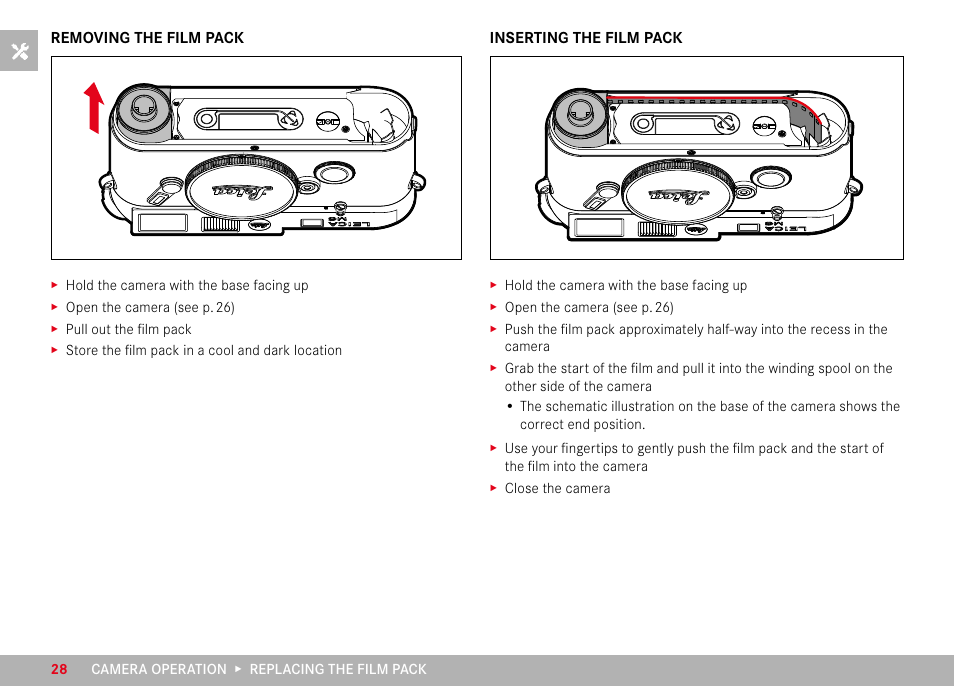 Removing the film pack, Inserting the film pack, Removing the film pack inserting the film pack | LEICA M6 Rangefinder Camera User Manual | Page 28 / 49