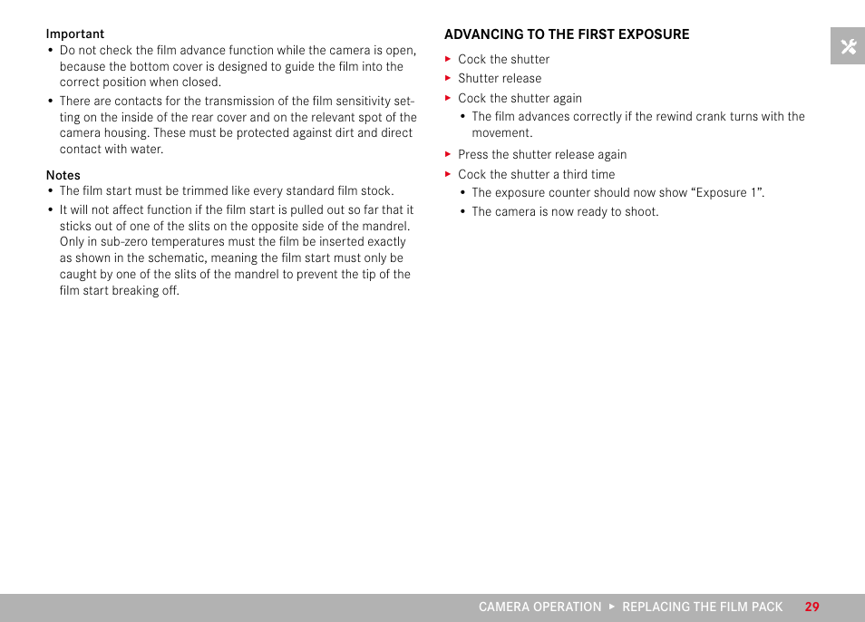 Advancing to the first exposure | LEICA M6 Rangefinder Camera User Manual | Page 29 / 49