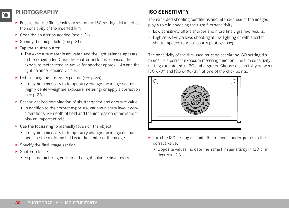 Photography, Iso sensitivity | LEICA M6 Rangefinder Camera User Manual | Page 30 / 49