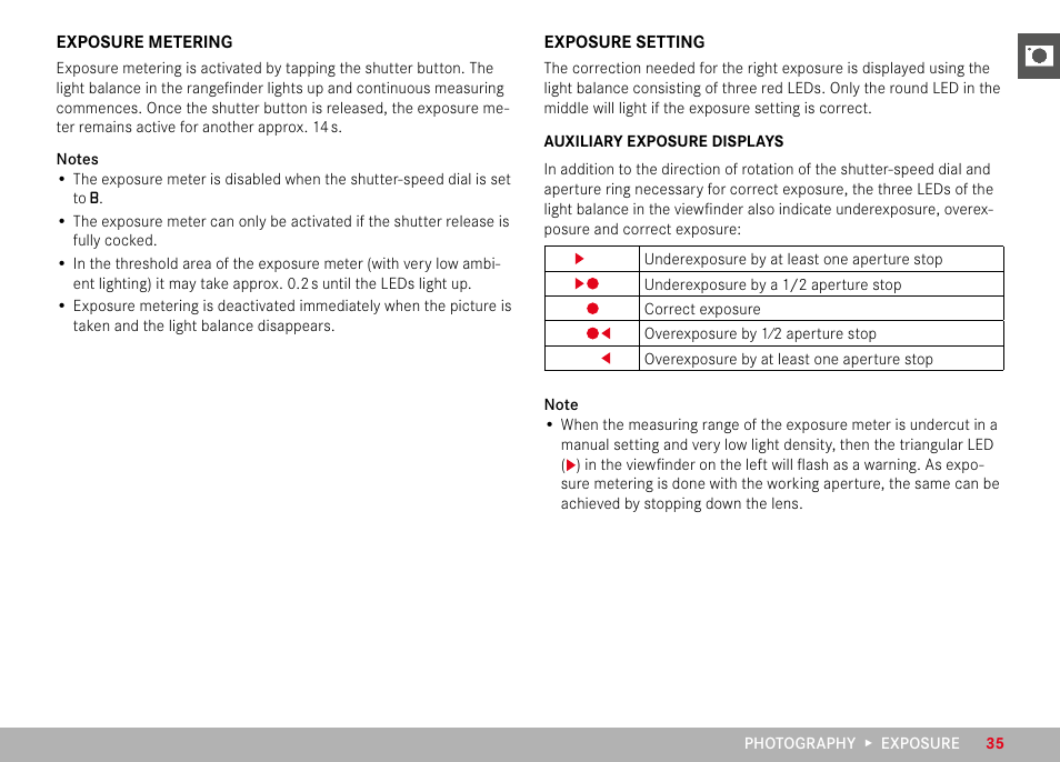 Exposure metering, Exposure setting, Auxiliary exposure displays | Exposure metering exposure setting | LEICA M6 Rangefinder Camera User Manual | Page 35 / 49