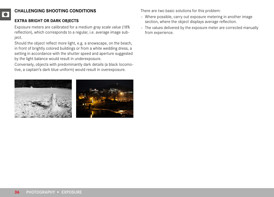 Challenging shooting conditions, Extra bright or dark oblects, Extra bright or dark objects | LEICA M6 Rangefinder Camera User Manual | Page 36 / 49