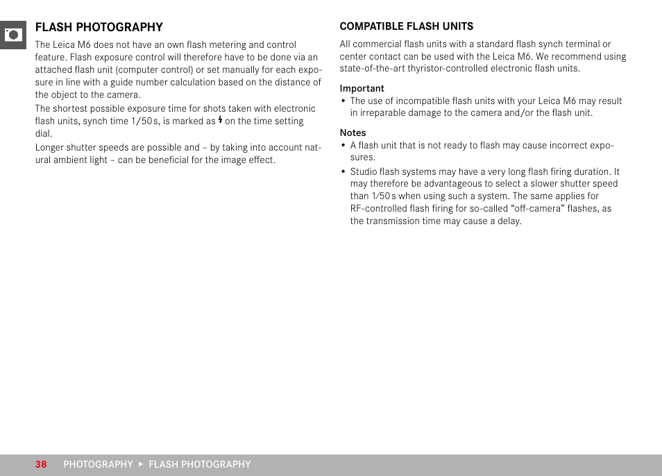 Flash photography, Compatible flash units | LEICA M6 Rangefinder Camera User Manual | Page 38 / 49