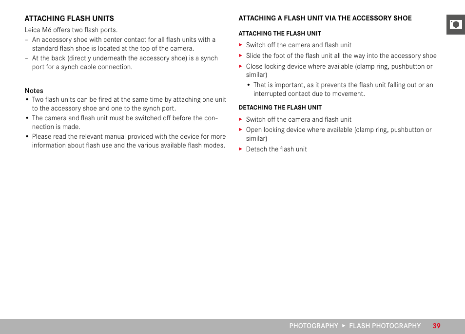 Attaching flash units | LEICA M6 Rangefinder Camera User Manual | Page 39 / 49