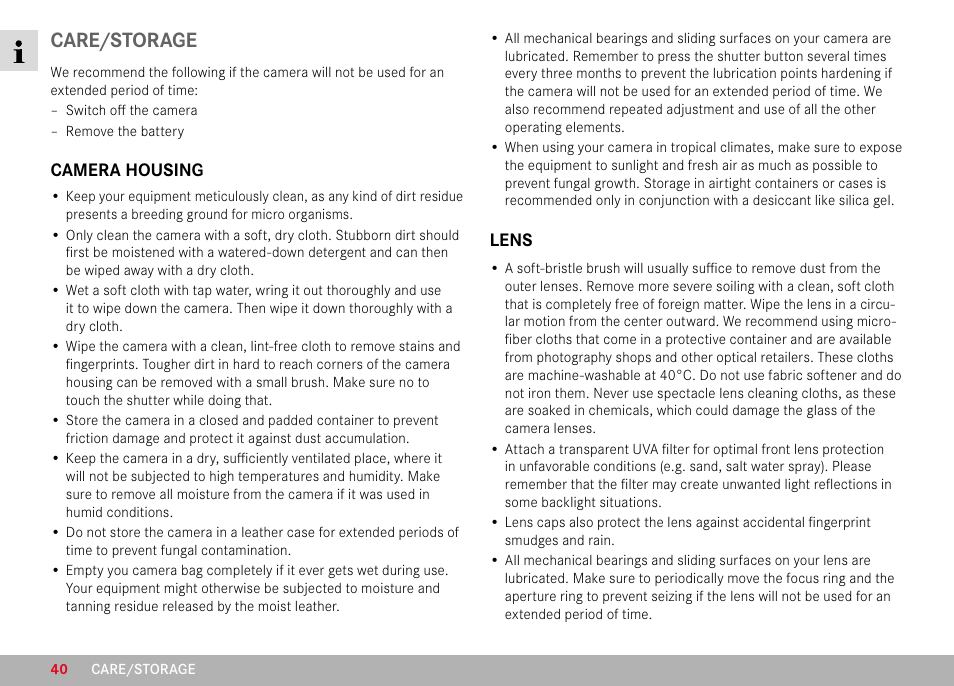 Care/storage | LEICA M6 Rangefinder Camera User Manual | Page 40 / 49