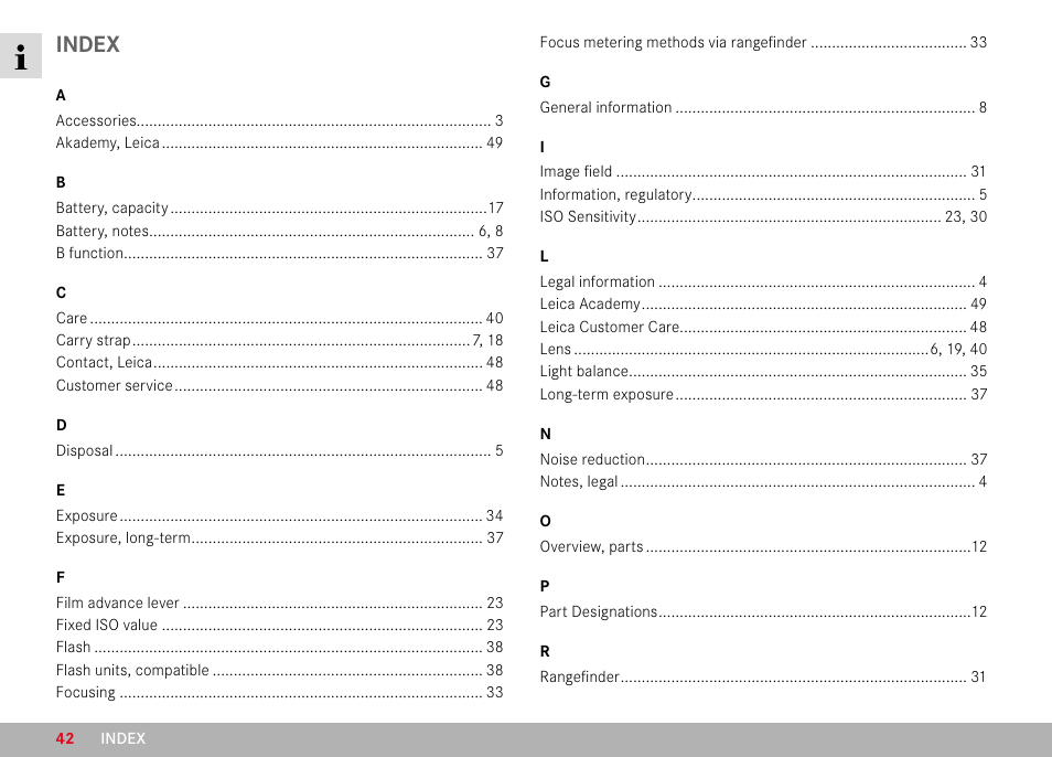 Index | LEICA M6 Rangefinder Camera User Manual | Page 42 / 49