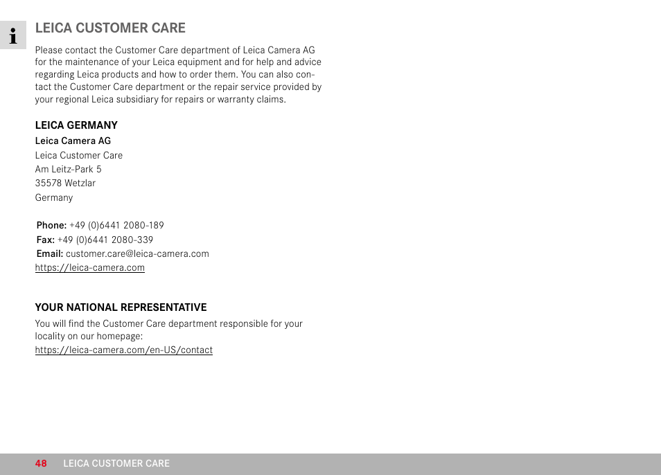 Leica customer care | LEICA M6 Rangefinder Camera User Manual | Page 48 / 49