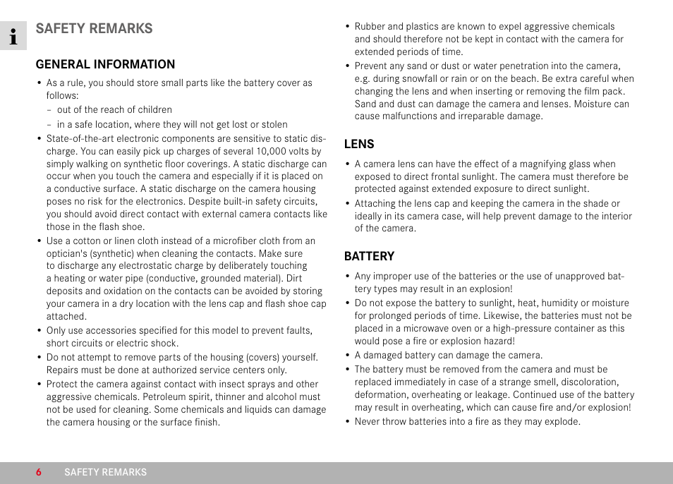 Safety remarks | LEICA M6 Rangefinder Camera User Manual | Page 6 / 49