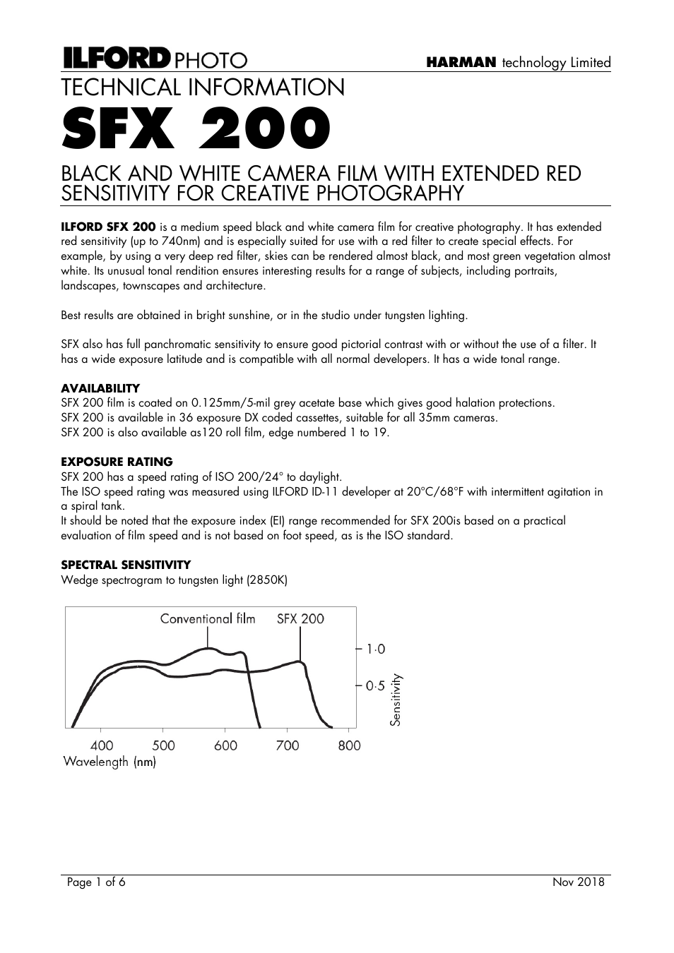 Ilford SFX 200 Black and White Negative Film (35mm Roll Film, 36 Exposures) User Manual | 6 pages