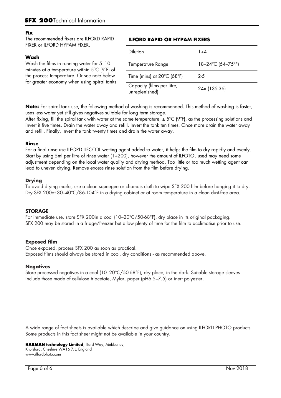 Ilford SFX 200 Black and White Negative Film (35mm Roll Film, 36 Exposures) User Manual | Page 6 / 6