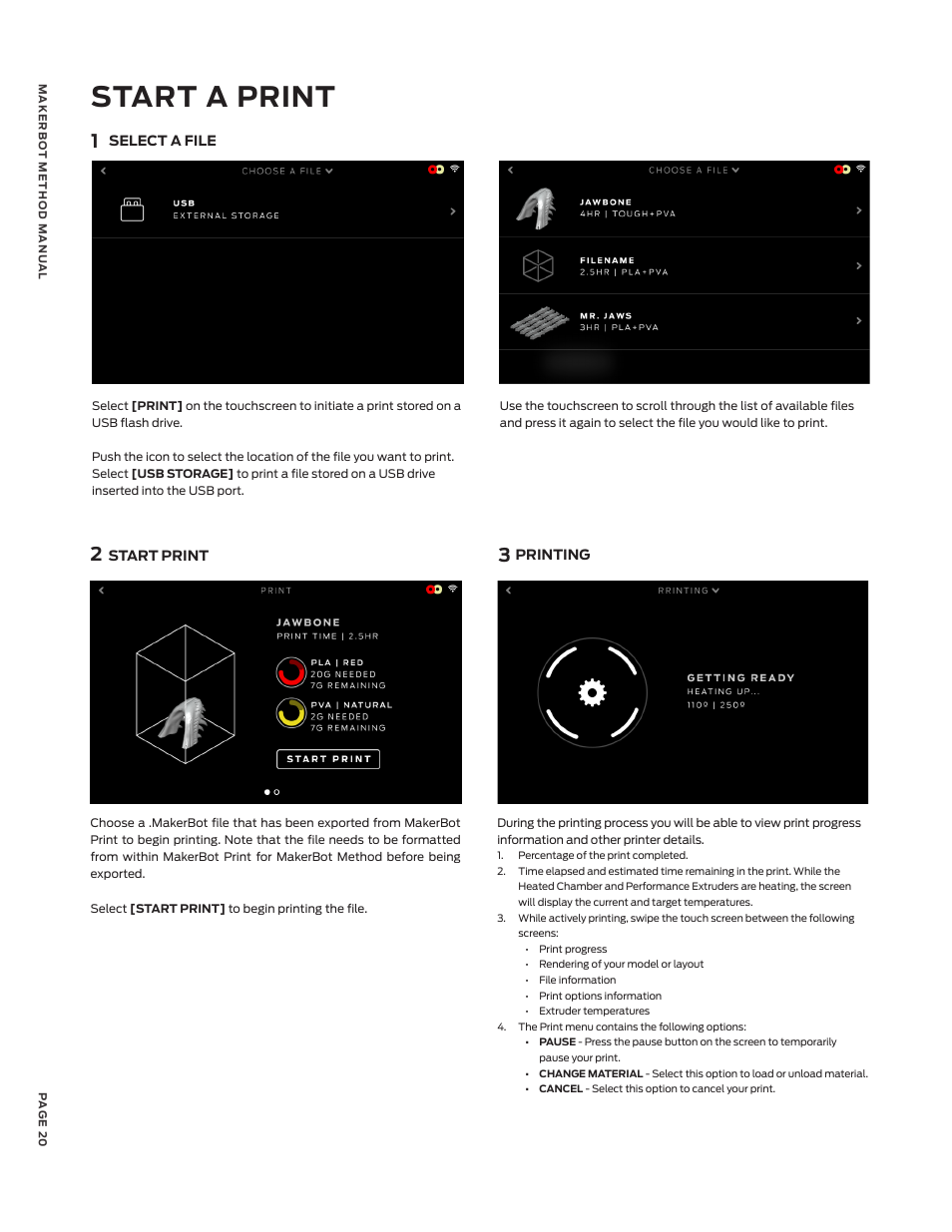 Start a print | MakerBot METHOD X 3D Printer User Manual | Page 20 / 28