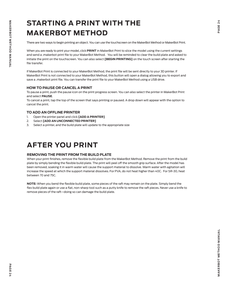 After you print, Starting a print with the makerbot method | MakerBot METHOD X 3D Printer User Manual | Page 24 / 28