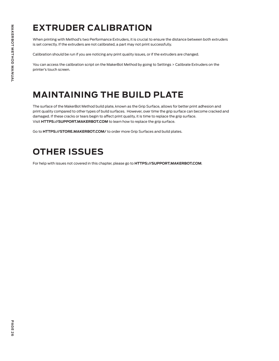 Extruder calibration, Maintaining the build plate, Other issues | MakerBot METHOD X 3D Printer User Manual | Page 26 / 28