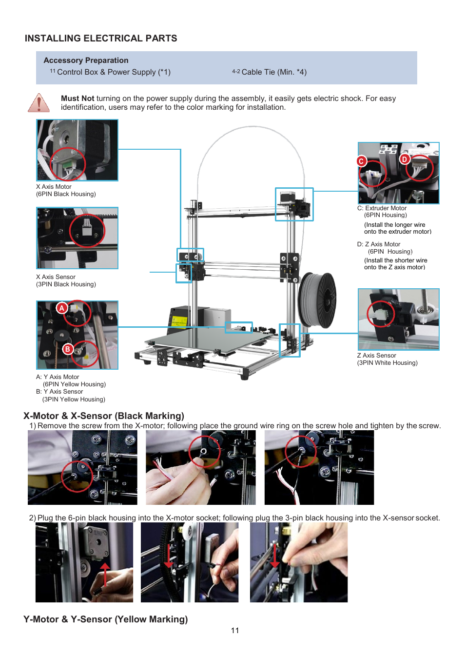 Installing electrical parts, X-motor & x-sensor (black marking), Y-motor & y-sensor (yellow marking) | XYZprinting Crazy3DPrint CZ-300 DIY 3D Printer User Manual | Page 13 / 34