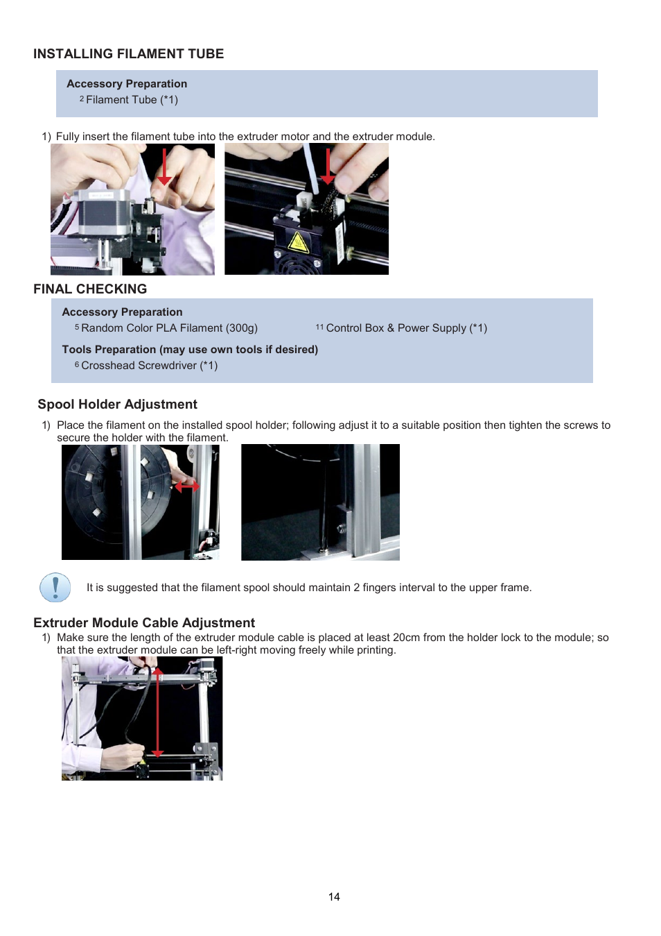 Installing filament tube, Final checking spool holder adjustment, Extruder module cable adjustment | XYZprinting Crazy3DPrint CZ-300 DIY 3D Printer User Manual | Page 16 / 34