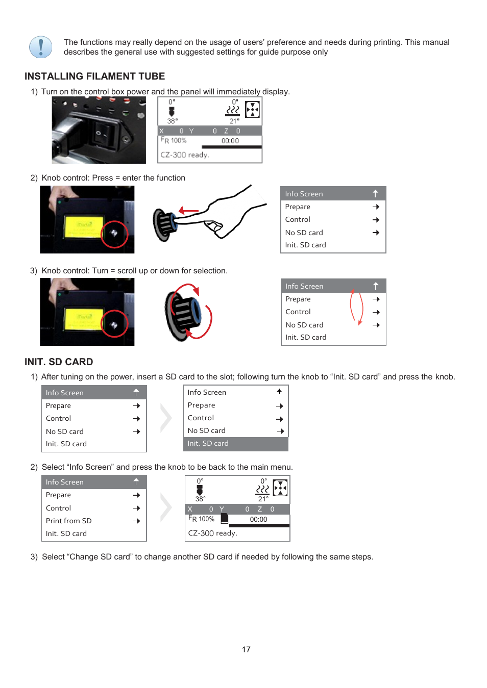 Installing filament tube, Init. sd card | XYZprinting Crazy3DPrint CZ-300 DIY 3D Printer User Manual | Page 19 / 34