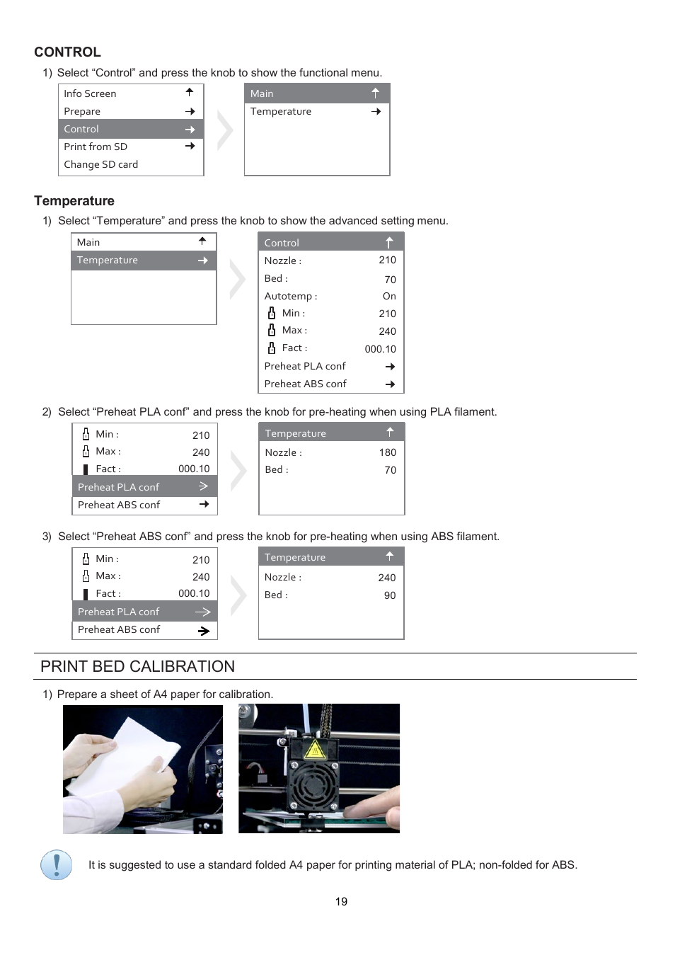 Print, Calibration, Print bed calibration | Control, Temperature | XYZprinting Crazy3DPrint CZ-300 DIY 3D Printer User Manual | Page 21 / 34