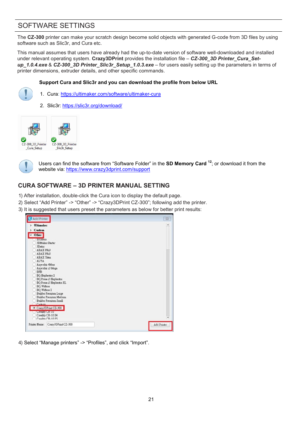 Cura software – 3d printer manual setting, Software, Settings | Software settings | XYZprinting Crazy3DPrint CZ-300 DIY 3D Printer User Manual | Page 23 / 34