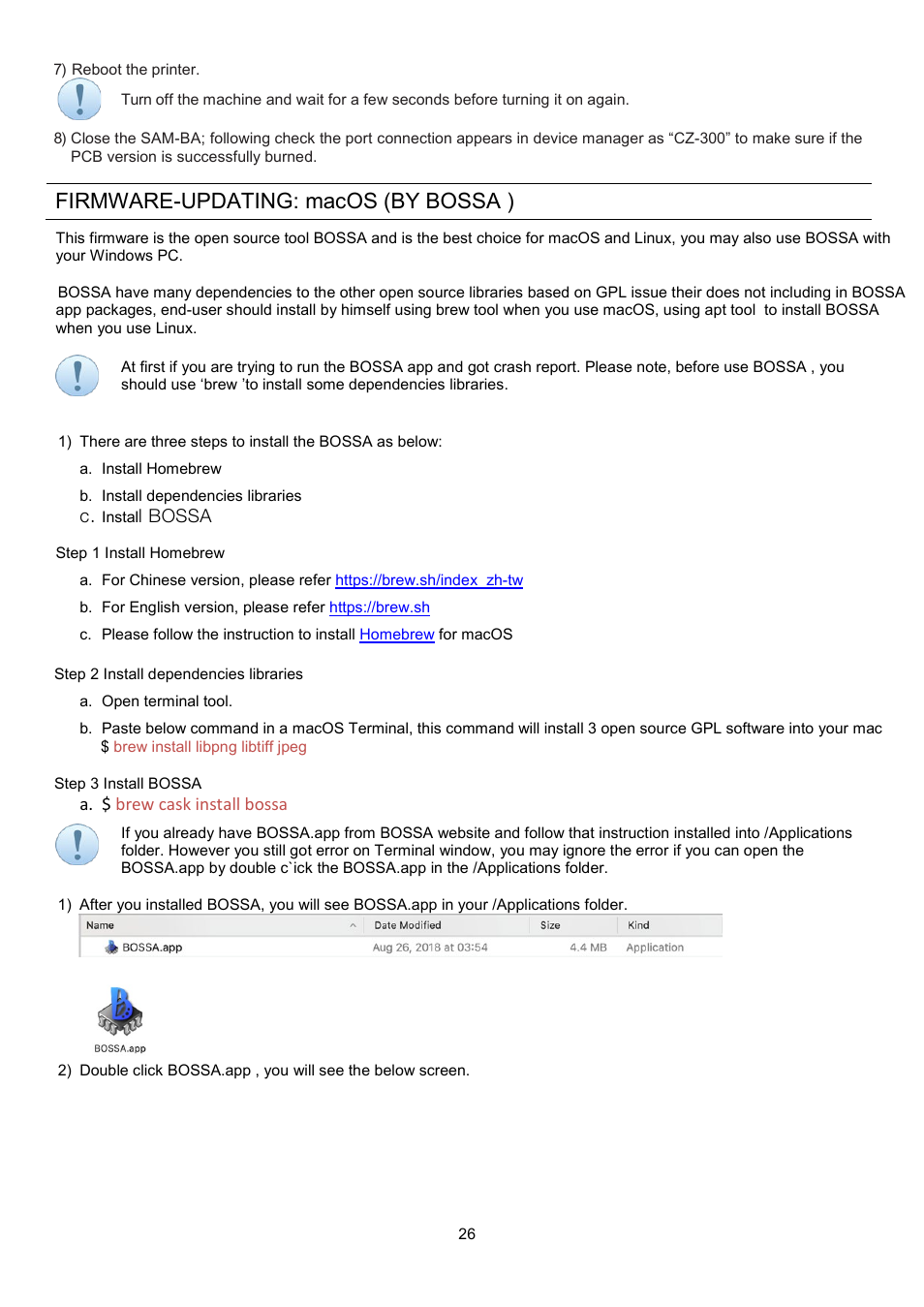 Firmware-updating, Bossa, Firmware-updating: macos (by bossa ) | XYZprinting Crazy3DPrint CZ-300 DIY 3D Printer User Manual | Page 28 / 34
