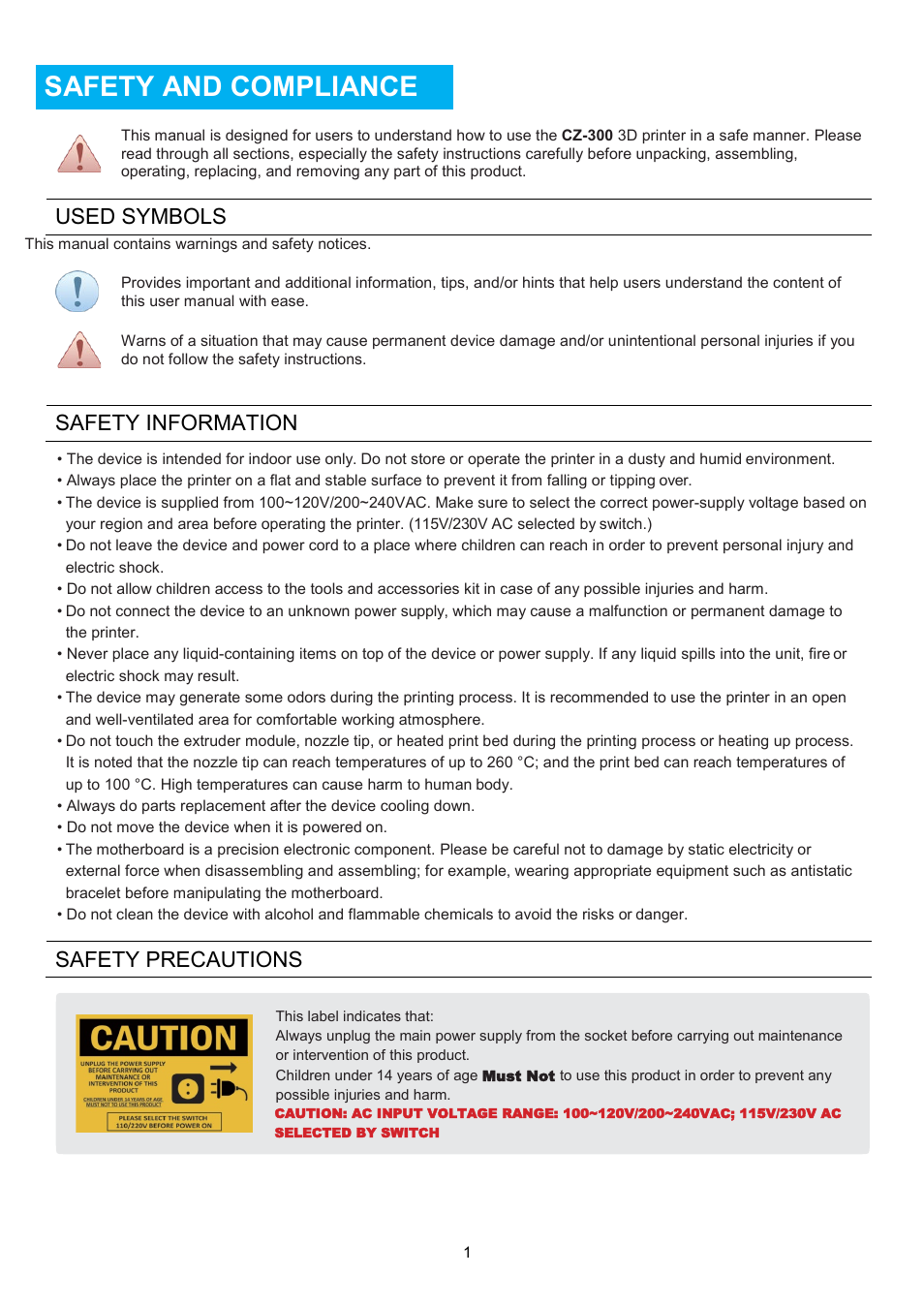 Safety and compliance, Used, Symbols | Safety, Information, Precautions, Used symbols, Safety information, Safety precautions | XYZprinting Crazy3DPrint CZ-300 DIY 3D Printer User Manual | Page 3 / 34