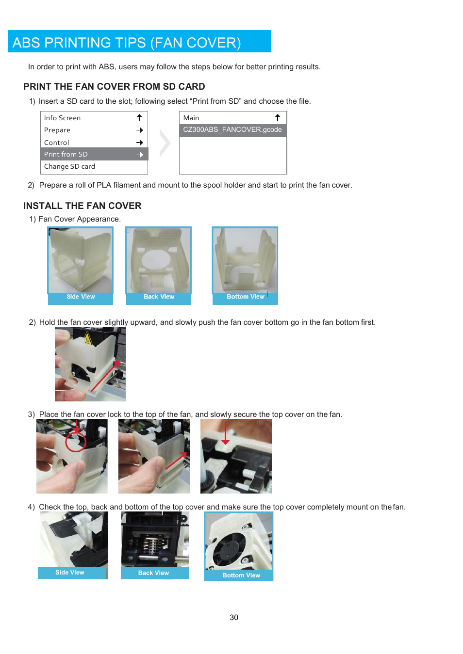 Abs printing tips (fan cover), Print the fan cover from sd card, Install the fan cover | XYZprinting Crazy3DPrint CZ-300 DIY 3D Printer User Manual | Page 32 / 34