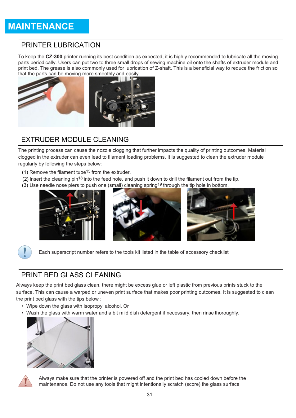 Maintenance, Printer, Lubrication | Extruder, Module, Cleaning, Print, Glass, Printer lubrication, Extruder module cleaning | XYZprinting Crazy3DPrint CZ-300 DIY 3D Printer User Manual | Page 33 / 34