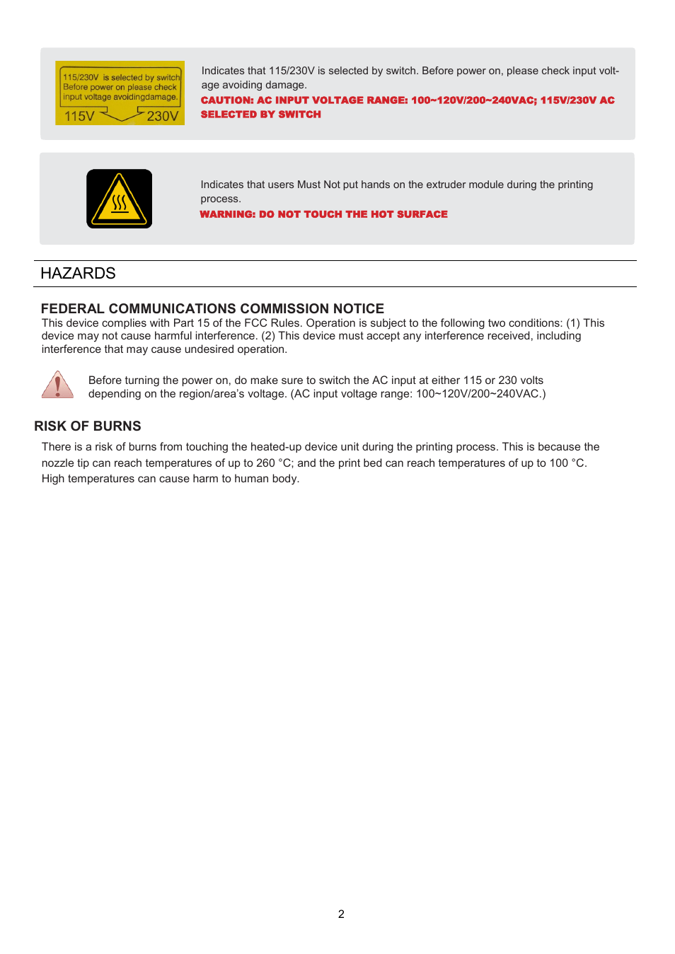 Hazards, Federal communications commission notice, Risk of burns | XYZprinting Crazy3DPrint CZ-300 DIY 3D Printer User Manual | Page 4 / 34
