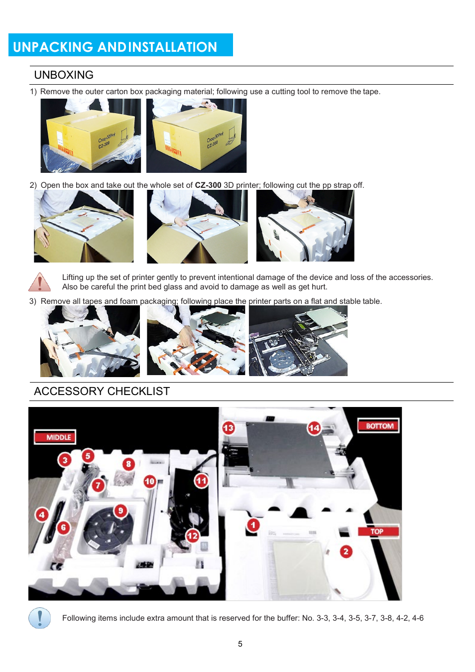 Unpacking and installation, Unboxing, Accessory | Checklist, Accessory checklist | XYZprinting Crazy3DPrint CZ-300 DIY 3D Printer User Manual | Page 7 / 34