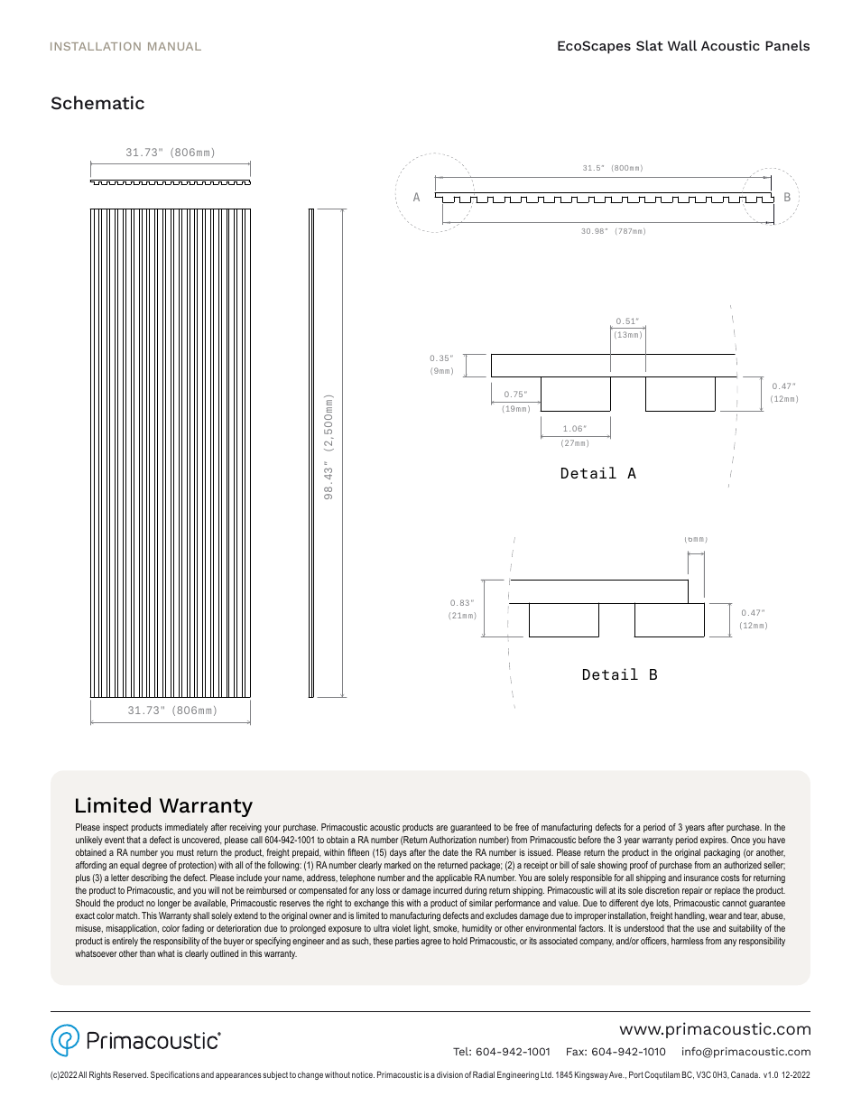 Limited warranty, Schematic, Detail b detail a | Ab detail b detail a, Ecoscapes slat wall acoustic panels, Installation manual | Primacoustic EcoScapes Slat Wall (98 x 32", Oak, 2-Pack) User Manual | Page 4 / 4