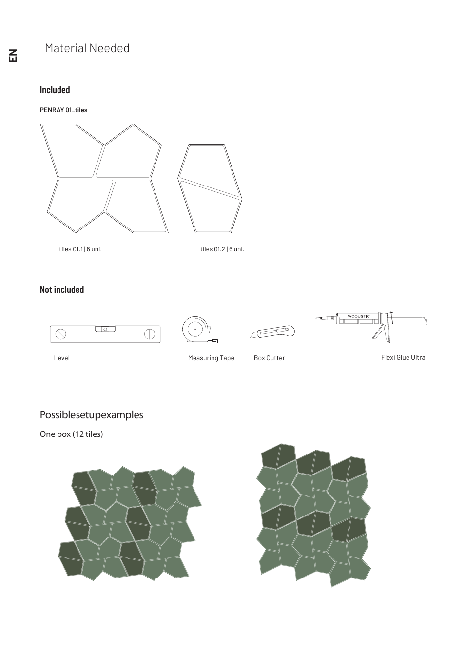 Material needed, Possible setup examples | Vicoustic GEN_VMT PENRAY 01 Acoustic Tiles (Biondi Blue,12-Pack) User Manual | Page 2 / 4