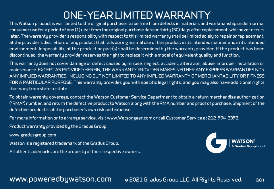 One-year limited warranty | Watson CBA-C1 AC Adapter and DC Coupler Replaces LP-E6N Battery User Manual | Page 8 / 8