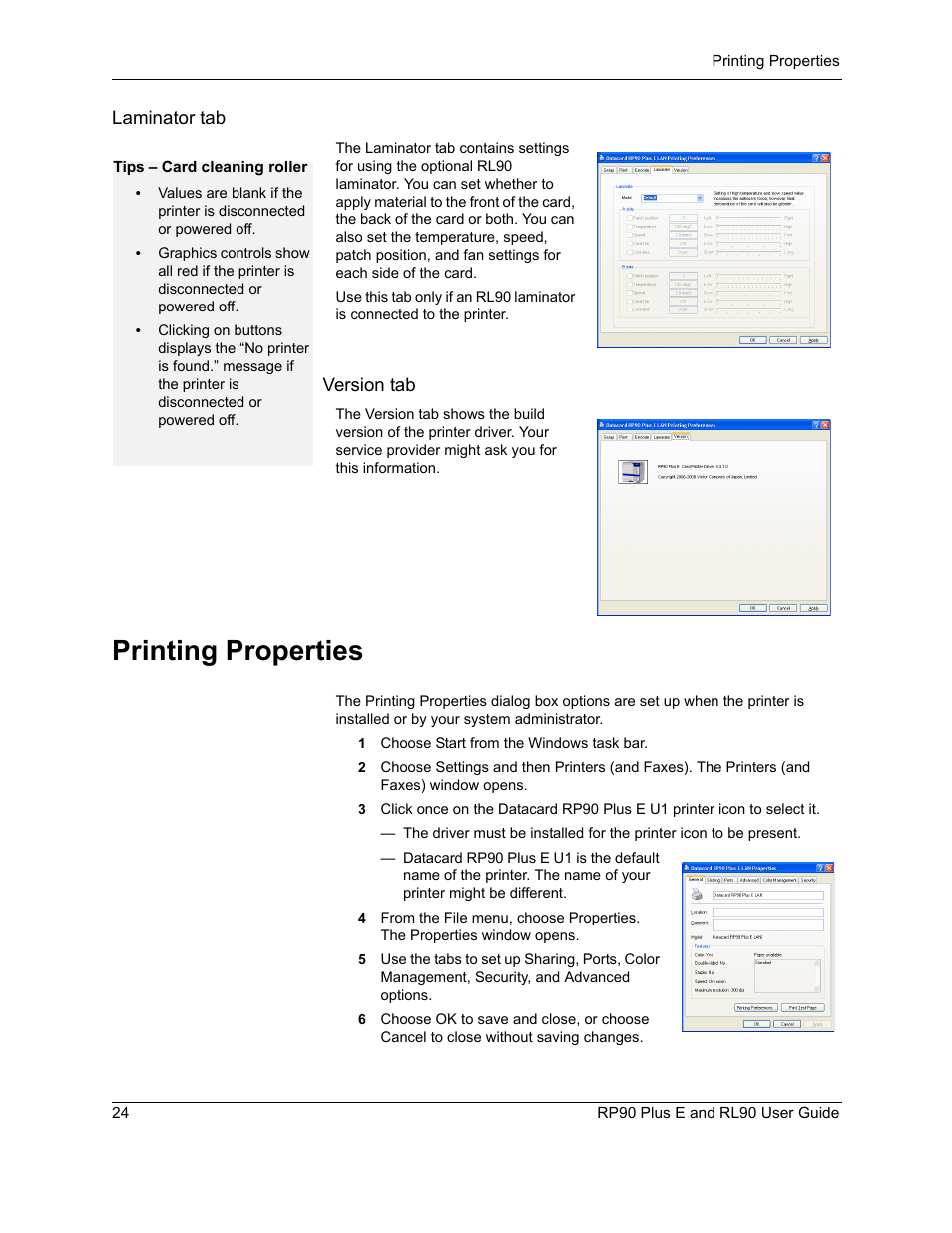 Printing properties | Datacard Group RL90 User Manual | Page 30 / 89