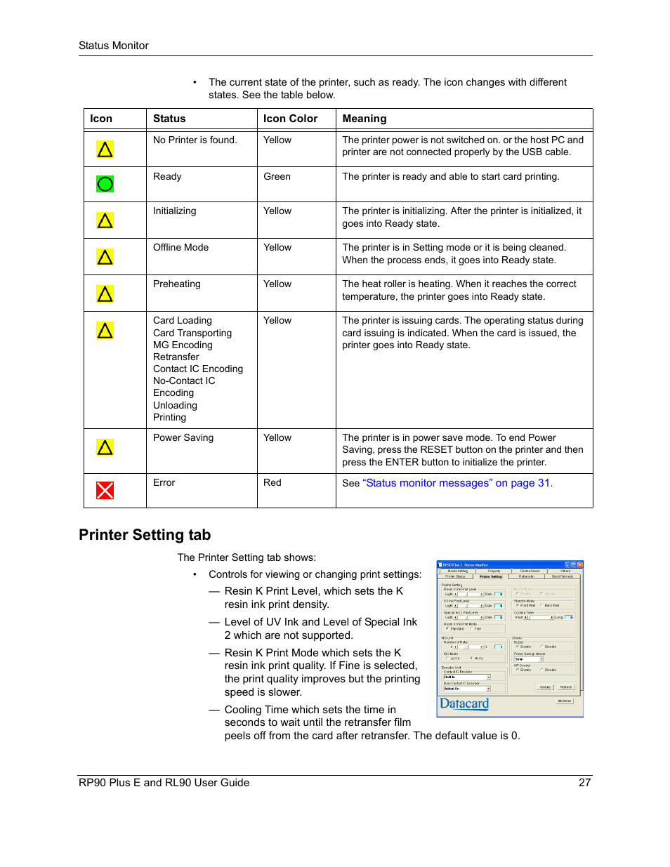 Printer setting tab | Datacard Group RL90 User Manual | Page 33 / 89